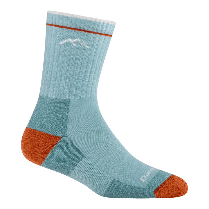 Women's Hiker Micro Crew Midweight Hiking Sock in Glacier, light blue with orange toe and heel