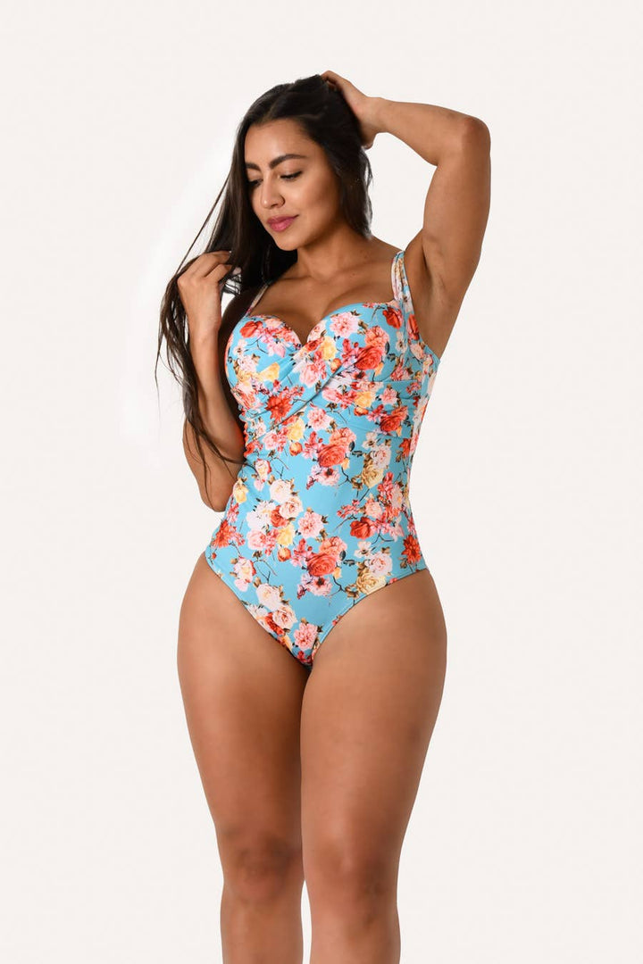 Blue Floral Print One-piece Bathing Suit - Womens