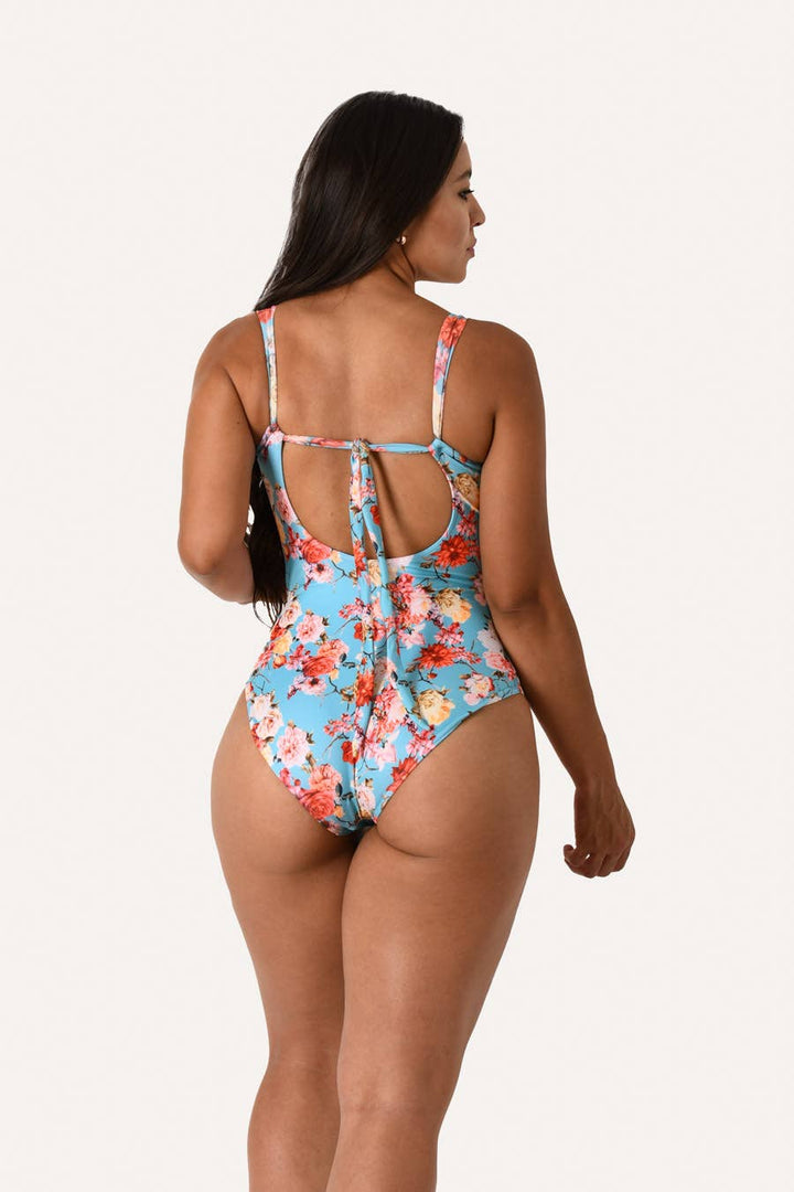 Blue Floral Print One-piece Bathing Suit - Womens