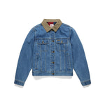 Blue denim jacket with a brown collar on a white background