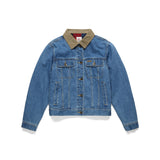 Blue denim jacket with a brown collar on a white background