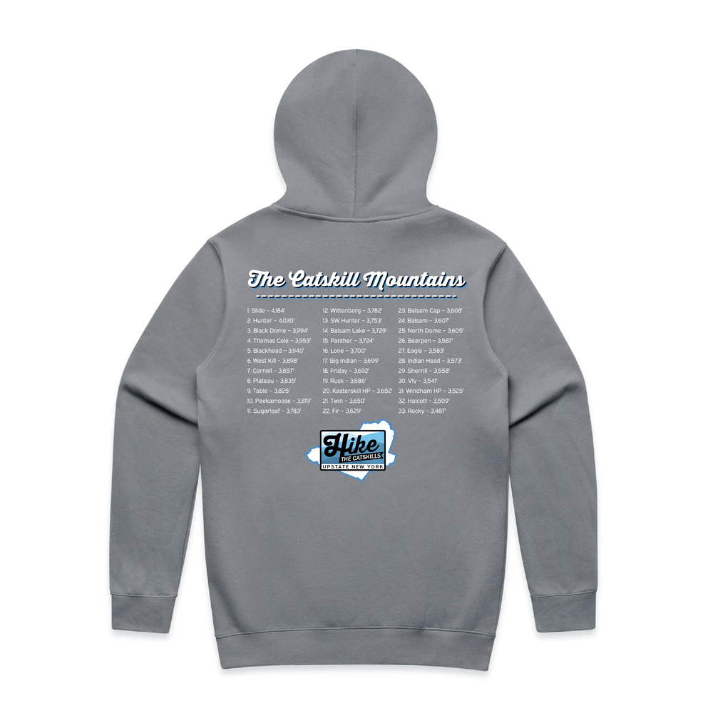 Hike the Catskills Zip Hoodie in Gravel, back, all 33 Catskill high peaks listed with elevations