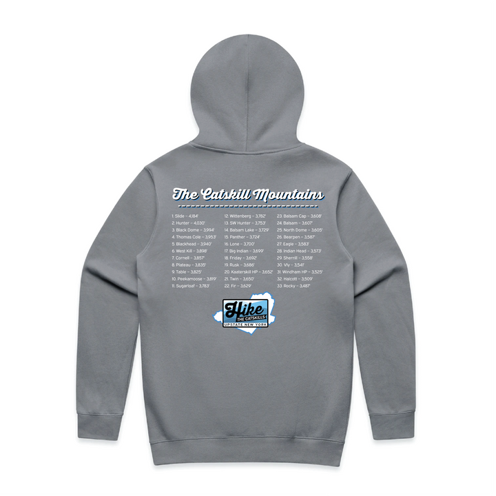 Hike the Catskills Zip Hoodie in Gravel, back, all 33 Catskill high peaks listed with elevations