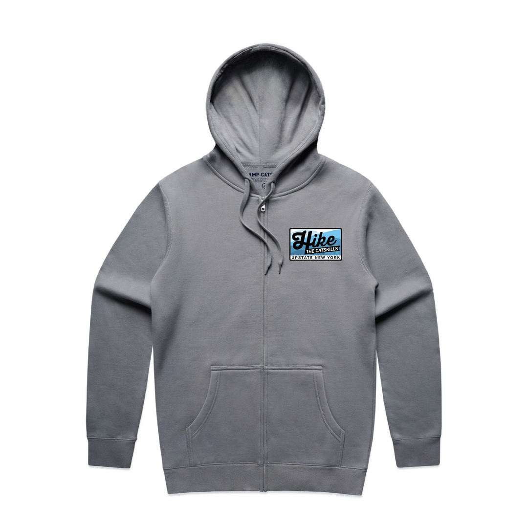 Hike the Catskills Zip Hoodie in Gravel, front, left-chest badge