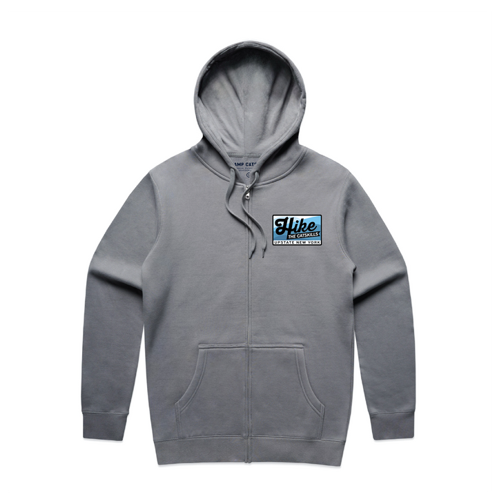 Hike the Catskills Zip Hoodie in Gravel, front, left-chest badge