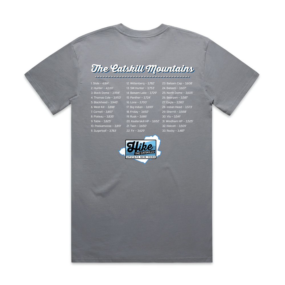 Hike the Catskills Tee in Gravel, back, all 33 Catskill high peaks listed with elevations