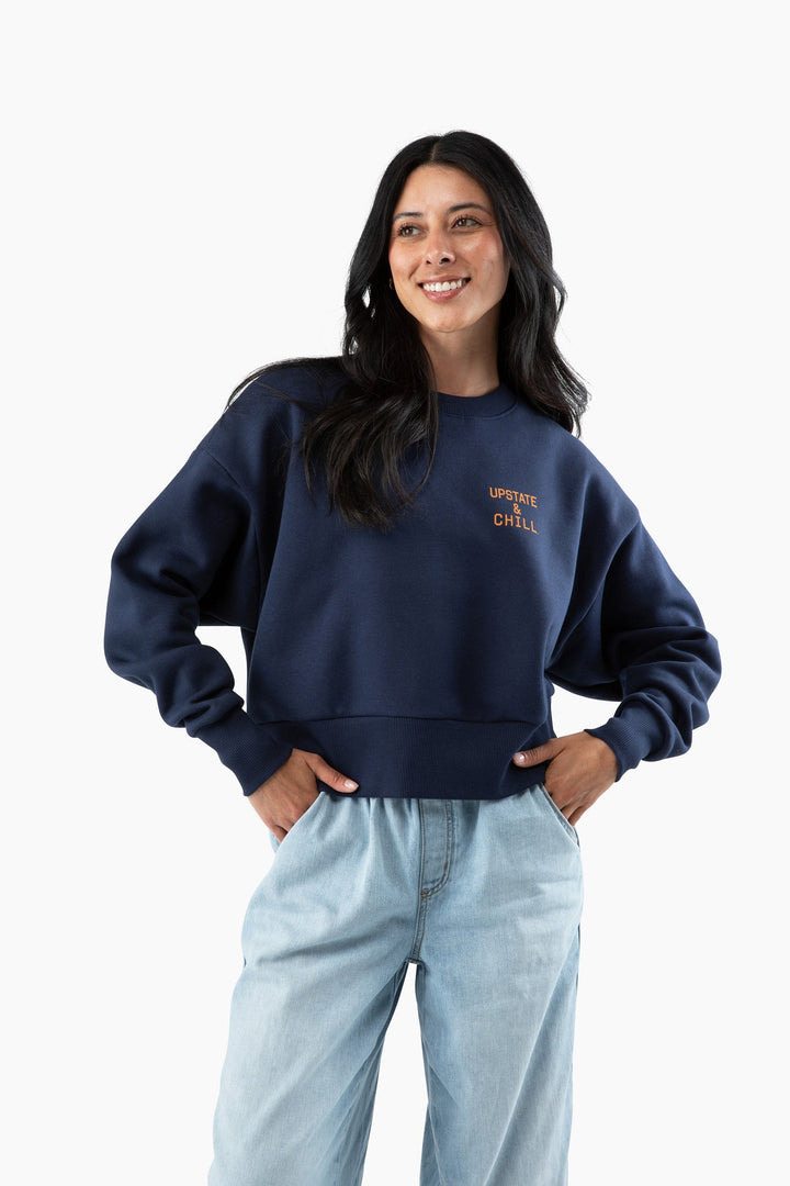 The Heart Heavyweight Crop Crew in navy with mustard heart graphic