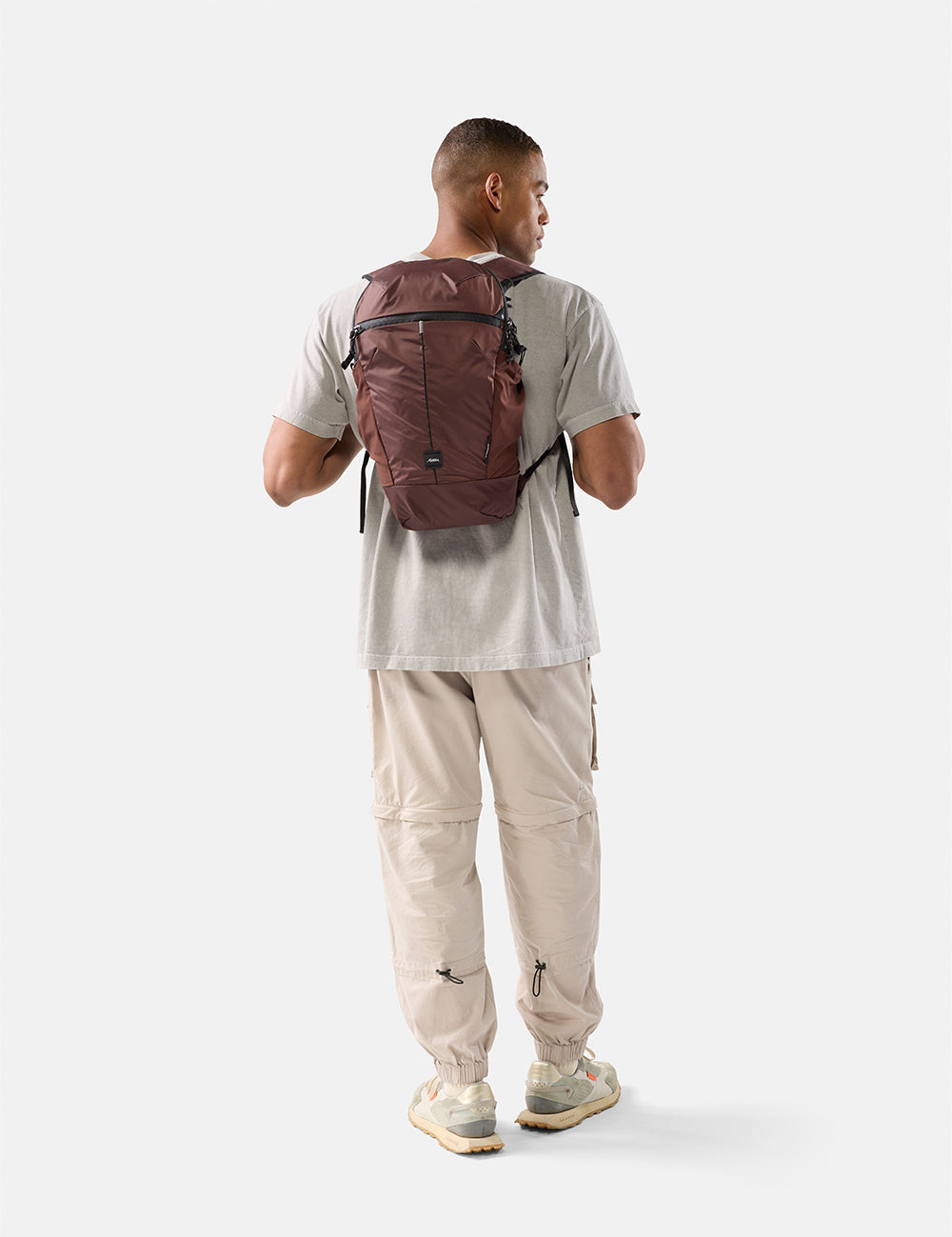 18L Packable Backpack, Garnet, worn