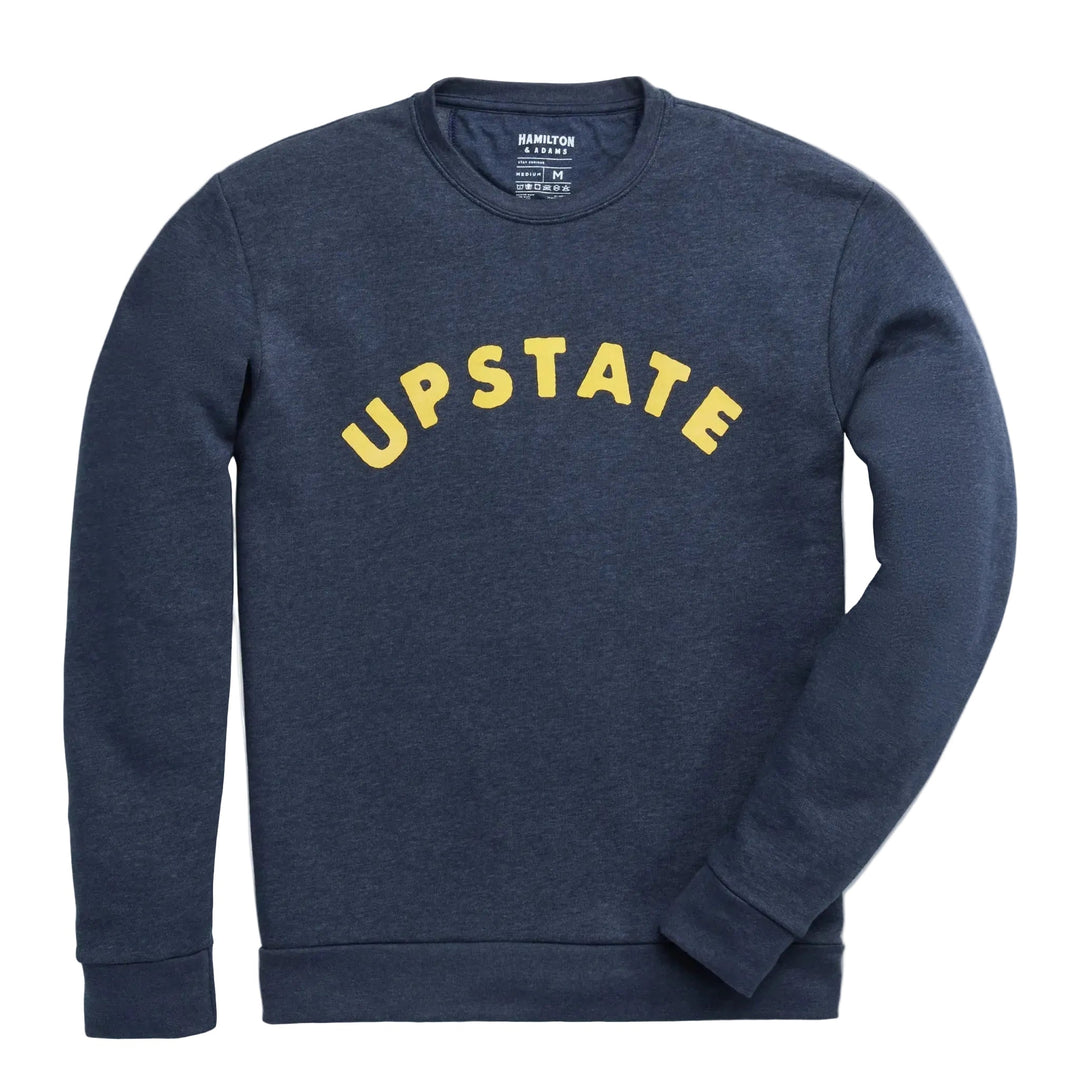 Upstate Arch Crewneck in Heathered Navy with gold print