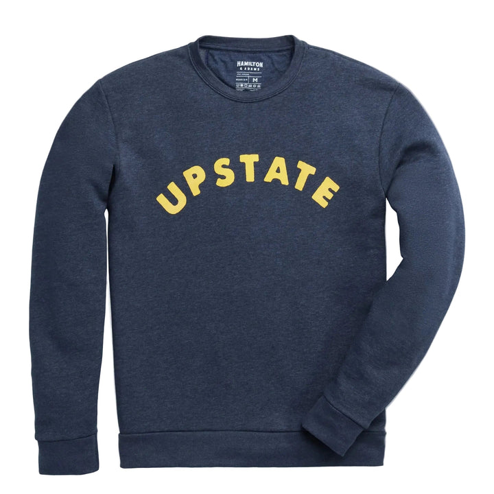 Upstate Arch Crewneck in Heathered Navy with gold print