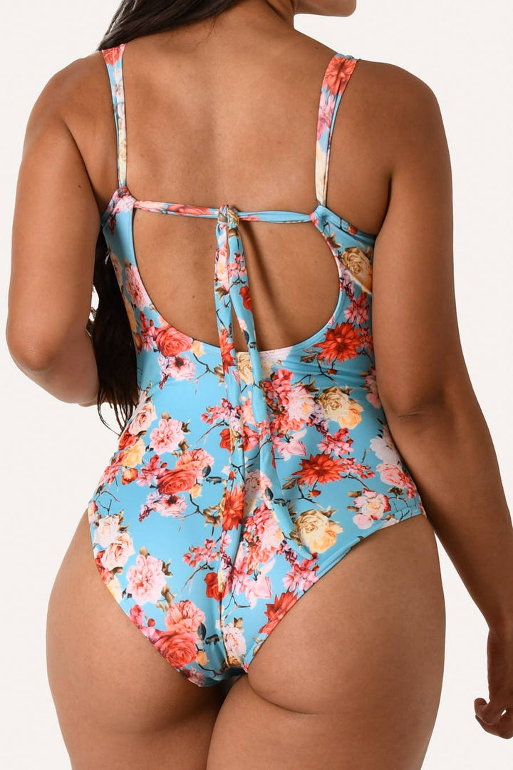 Blue Floral Print One-piece Bathing Suit - Womens